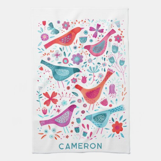 鳥と野花のフローラ水色パーソナライズされた キッチンタオル (縦)