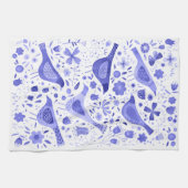 鳥と野花のフローラ水色ブルーホワイト キッチンタオル (横)