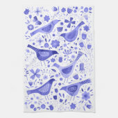 鳥と野花のフローラ水色ブルーホワイト キッチンタオル (縦)