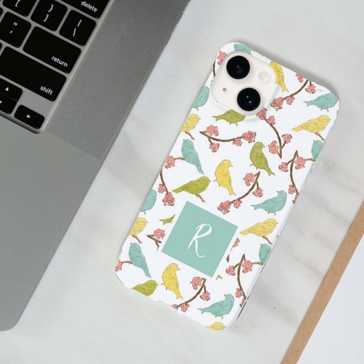 鳥と開花モノグラムの水色スケッチ Case-Mate iPhoneケース