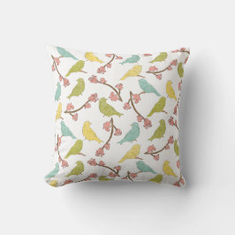 鳥と開花水色のスケッチ クッション