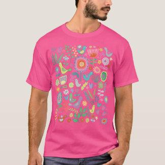 鳥と開花 – パステルオンブラック – フローラかわいらしー Tシャツ
