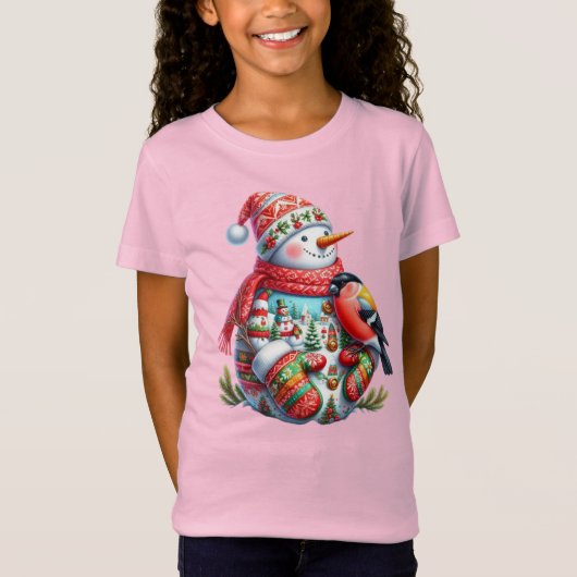 鳥と雪だるま、クリスマス、アーティスト ナターシャ・ウス Tシャツ (正面)