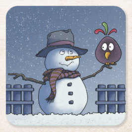 鳥と雪だるま スクエアペーパーコースター