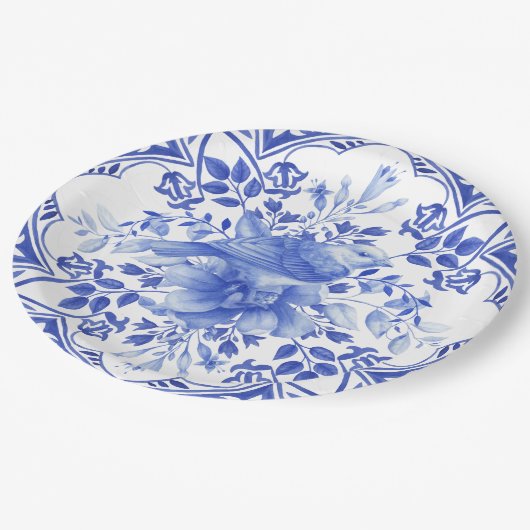 鳥と青と白のフローラタイル ペーパープレート (アングル)