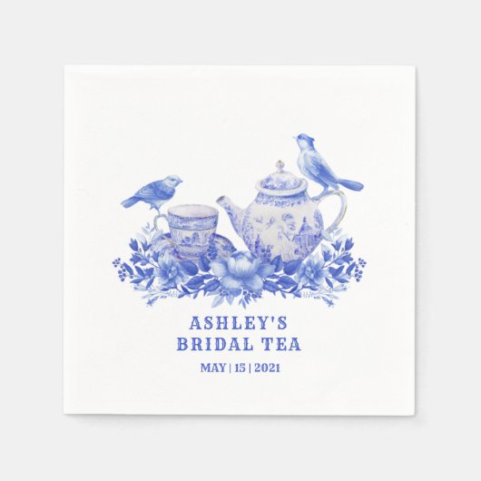 鳥と青と白のフローラティーポット スタンダードカクテルナプキン (正面)