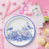 鳥と青と白のフローラティーポット ペーパープレート (パーティー)