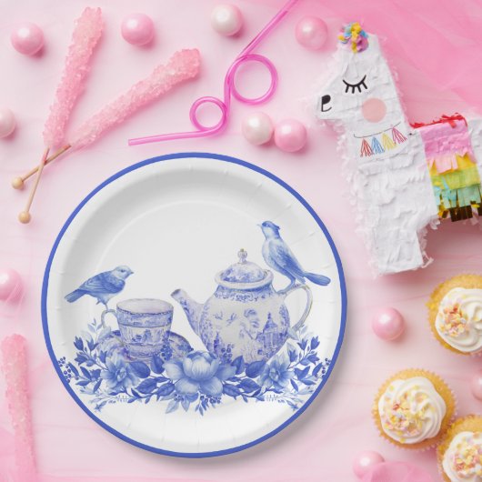 鳥と青と白のフローラティーポット ペーパープレート (パーティー)