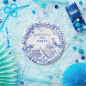 鳥と青と白のフローラティーポット ペーパープレート (パーティー)