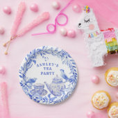 鳥と青と白のフローラティーポット ペーパープレート (パーティー)