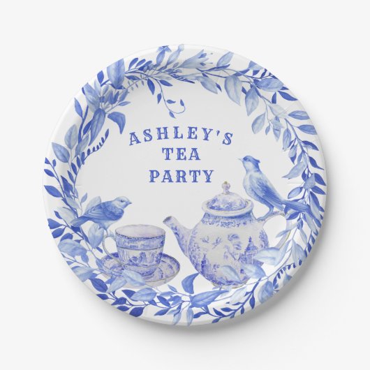 鳥と青と白のフローラティーポット ペーパープレート (正面)