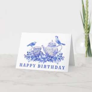 鳥と青と白の茶ポット 誕生日 サンキューカード