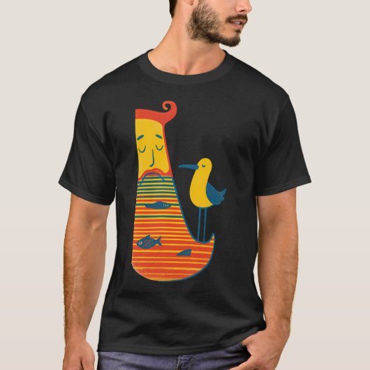 鳥と魚のユーモラスな漁師イラスト Tシャツ (正面)