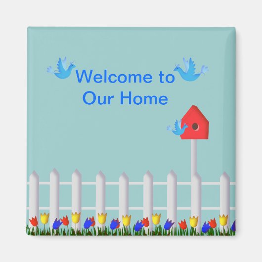 鳥と鳥小屋が我が家にようこそ マグネット (正面)