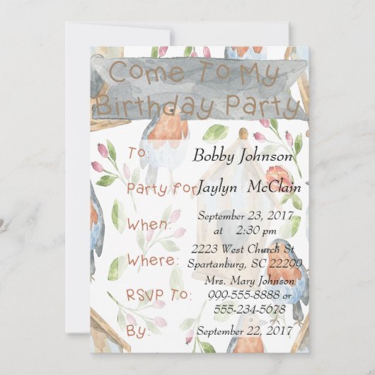 鳥と鳥小屋の誕生日パーティー招待状 招待状 (正面)