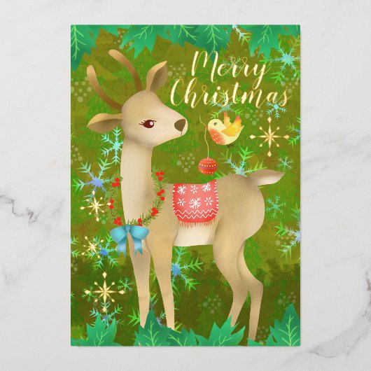 鳥と鹿のクリスマス 箔シーズンカード (正面)