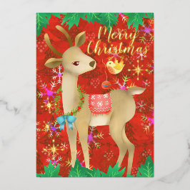 鳥と鹿のクリスマス。赤 箔シーズンカード