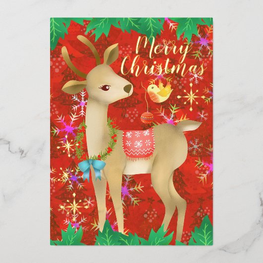 鳥と鹿のクリスマス。赤 箔シーズンカード (正面)