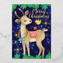 鳥と鹿のクリスマス。青。