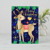 鳥と鹿のクリスマス。青。 箔シーズンカード (立ち正面)