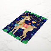 鳥と鹿のクリスマス。青。 箔シーズンカード (回転した状態)