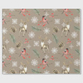 鳥と鹿のスタッグウッドランドをテーマにしたクリスマス ラッピングペーパー (フラット)