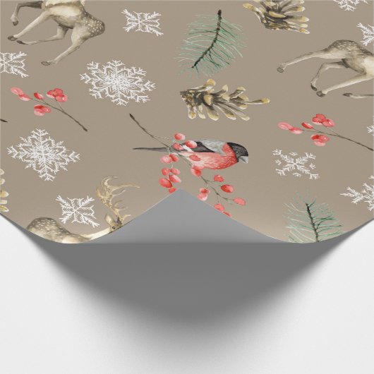 鳥と鹿のスタッグウッドランドをテーマにしたクリスマス ラッピングペーパー (角)