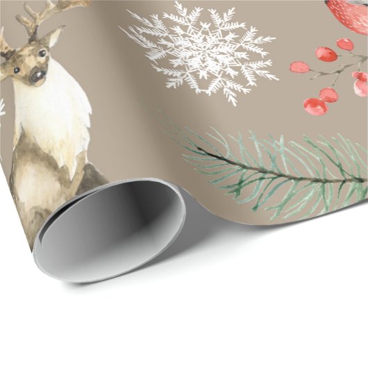 鳥と鹿のスタッグウッドランドをテーマにしたクリスマス ラッピングペーパー (ロールコーナー)