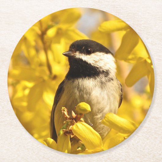鳥と黄色の花ラウンド紙コースター ラウンドペーパーコースター (正面)