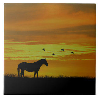 鳥と黄金の夕焼けの馬 タイル