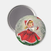 鳥に歌うヴィンテージのクリスマスガール マグネット (正面/裏面)