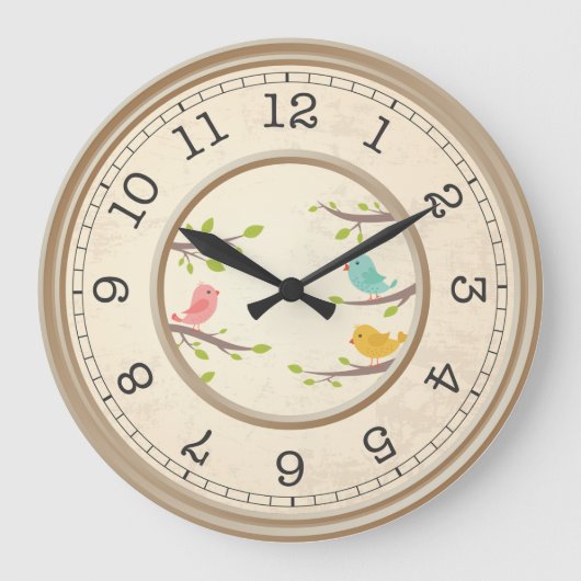 鳥のいる茶色の時計 ラージ壁時計 (正面)