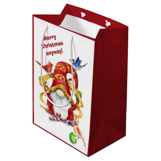 鳥のおもしろいクリスマスとリボン格言 ミディアムペーパーバッグ (裏面アングル)