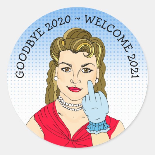 鳥のおもしろいレトロ女性の反転 ラウンドシール (正面)