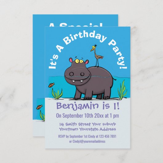 鳥のおもしろい漫画と可愛い海馬 招待状 (正面/裏面)