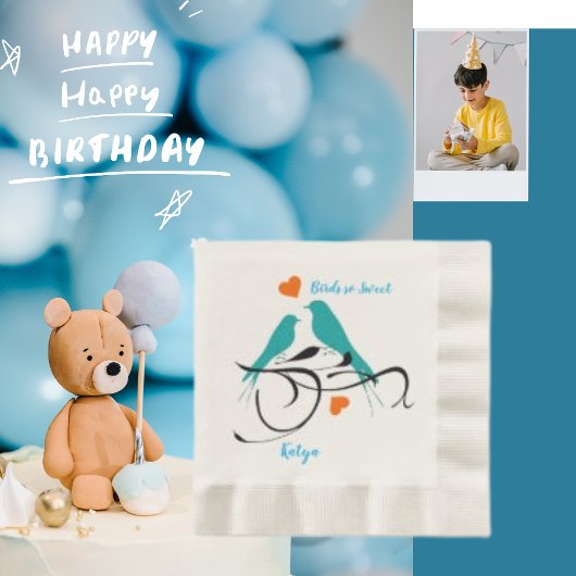 鳥のように甘い、水色オレンジ色のハート紙 縁ありランチョンナプキン