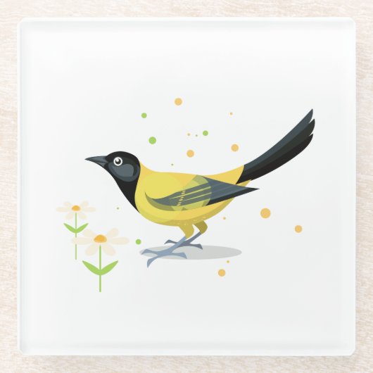 鳥のイラストレーション – 夏の色 ガラスコースター (正面)