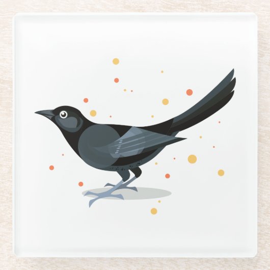 鳥のイラストレーション – 黒い鳥 ガラスコースター (正面)