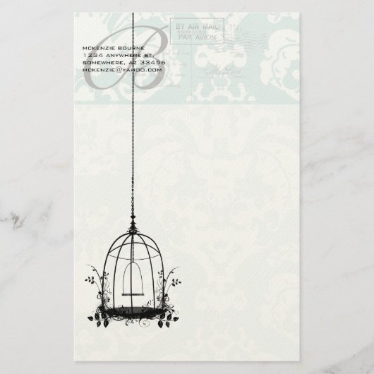 鳥のエアメール付きモノグラムヴィンテージ鳥かご 便箋 (正面)