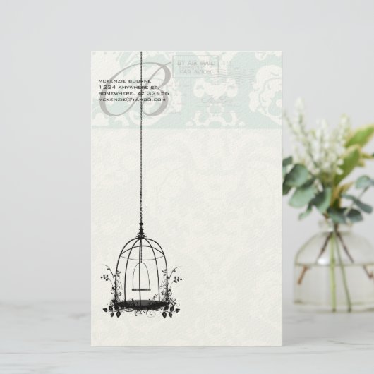 鳥のエアメール付きモノグラムヴィンテージ鳥かご 便箋 (スタンド正面)