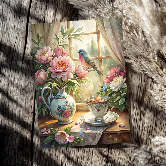 鳥のエレガントピンクの牡丹の夏の窓 薄葉紙