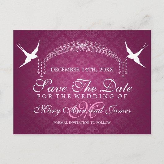 鳥のエレガントモノグラムピンクの日付を保存 ポストカード (正面)