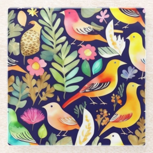 鳥のカラフル花の模様の青い装飾 ガラスコースター (正面)