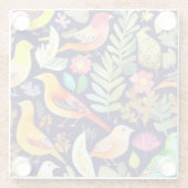 鳥のカラフル花の模様の青い装飾 ガラスコースター (裏面)