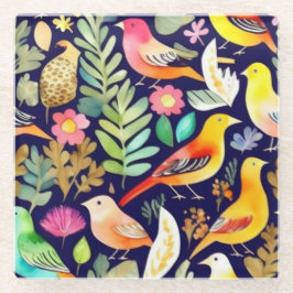 鳥のカラフル花の模様の青い装飾 ガラスコースター