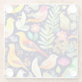 鳥のカラフル花の模様の青い装飾 ガラスコースター (裏面)