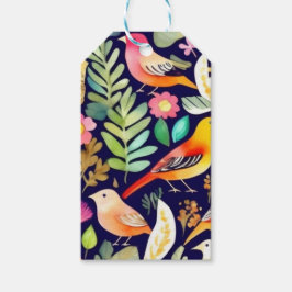 鳥のカラフル花の模様の青い装飾 ギフトタグ