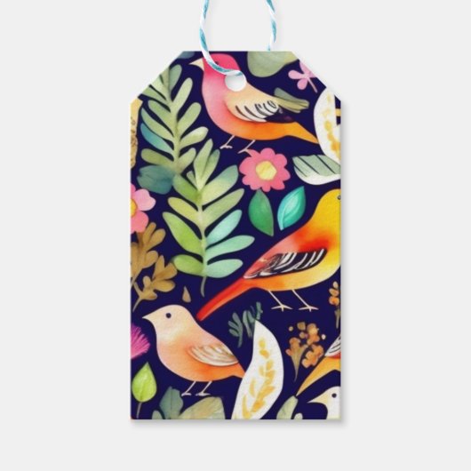 鳥のカラフル花の模様の青い装飾 ギフトタグ (正面)
