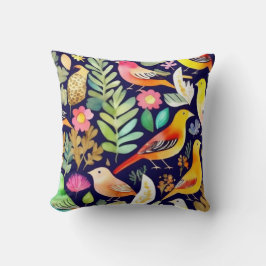 鳥のカラフル花の模様の青い装飾 クッション
