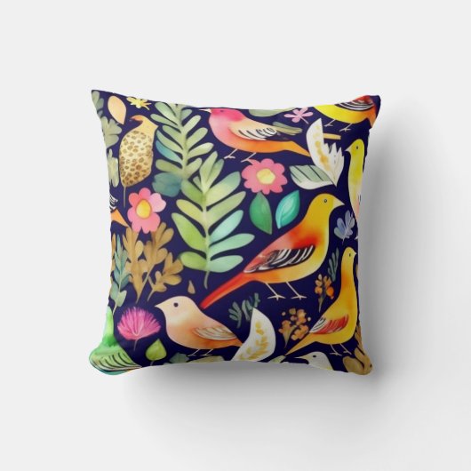 鳥のカラフル花の模様の青い装飾 クッション (正面)